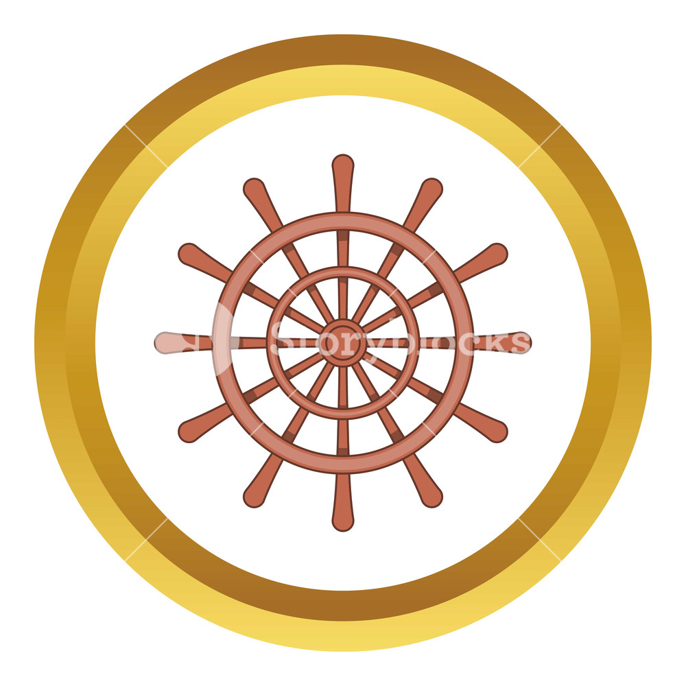 1000x1000 Wooden Ship Wheel Vector Icon In Golden Circle, Cartoon Style