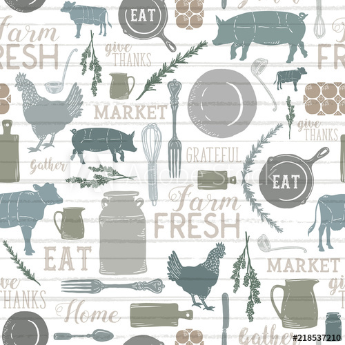500x500 Seamless Vector Modern Farmhouse Kitchen, Text, And Animal Pattern
