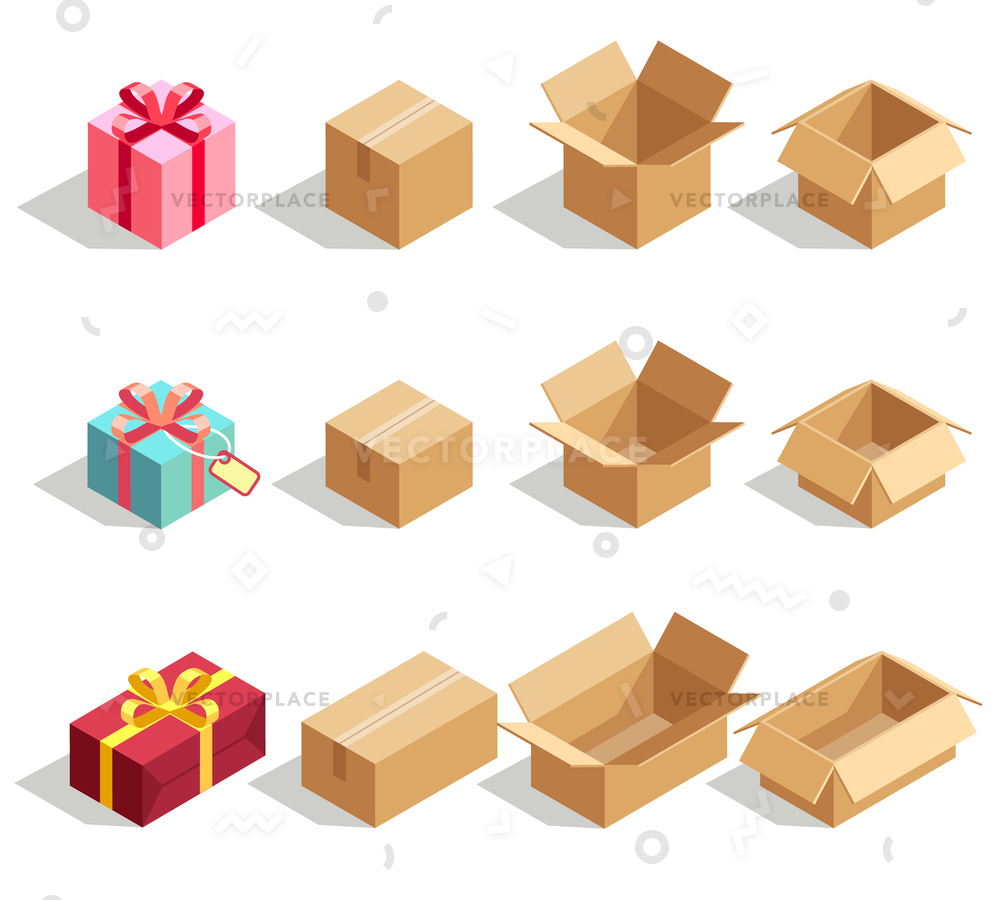1000x900 Cardboard Gift Boxes Opened Closed Vector Illustration