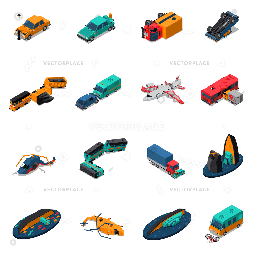 1000x1000 Transport Accidents Isometric Set Automobile Train Vector