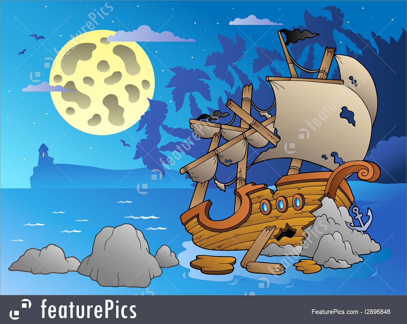 1300x1036 Night Seascape With Shipwreck Illustration