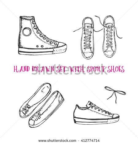 450x470 Hand Drawn Set With Sport Shoes Sneakers, Flat Shoes, Sport Shoes