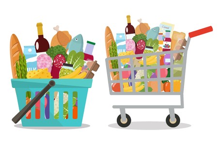 450x300 Grocery In A Shopping Cart And Shopping Basket Vector Illustration