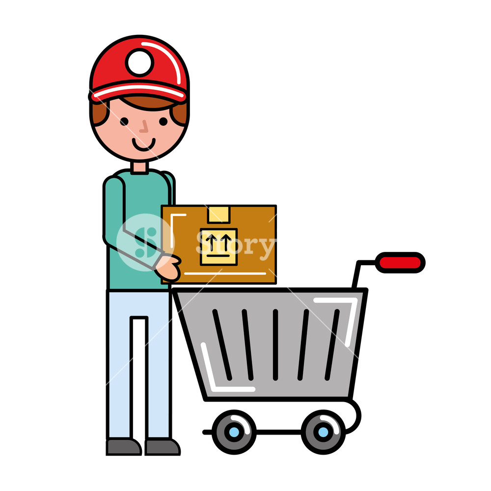 1000x1000 Customer Man With Package Online Shopping Cart Vector Illustration