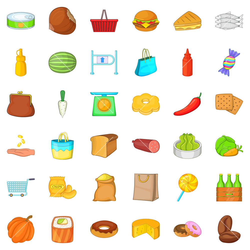 Grocery Shopping Icons Set Cartoon Style Of Grocery Shopping 1000x1000 Grocery Shopping Icons Set Cartoon Style Of Grocery Shopping