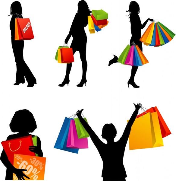 584x600 Shopping Woman Icons Silhouette Design Colorful Bags Ornament Free