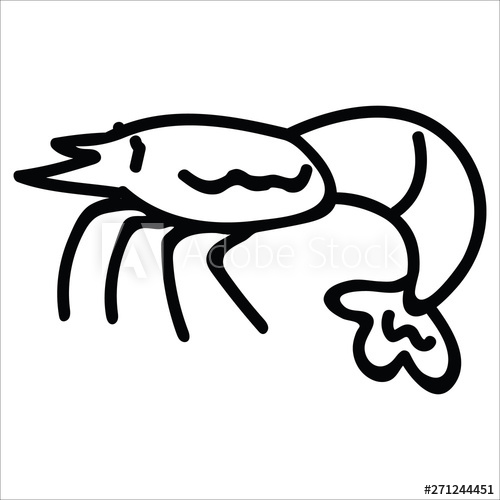 500x500 Cute Fresh Shrimp Lineart Monochrome Cartoon Vector Illustration