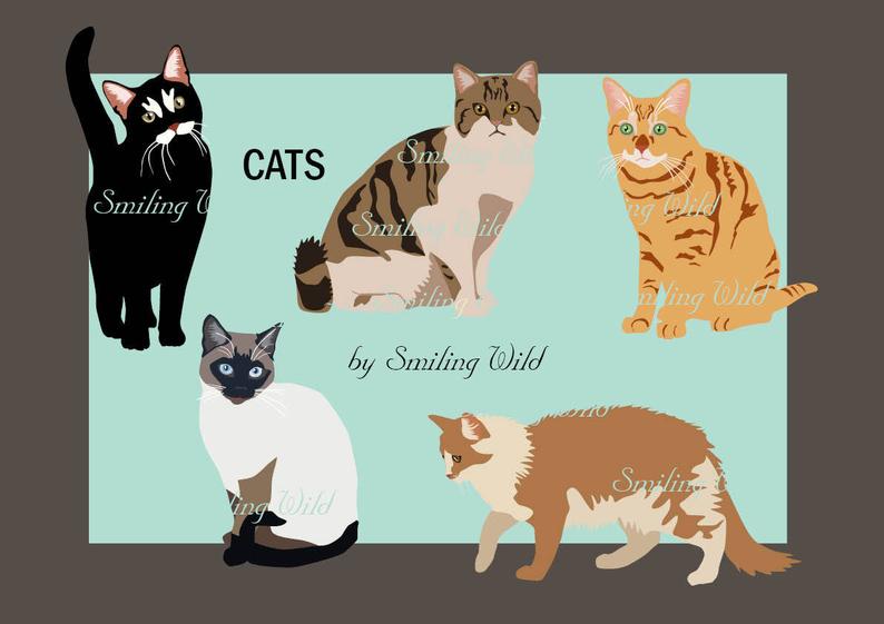 794x561 Cat Vector Clipart Art Black Cat Siamese Cat Cutout Etsy