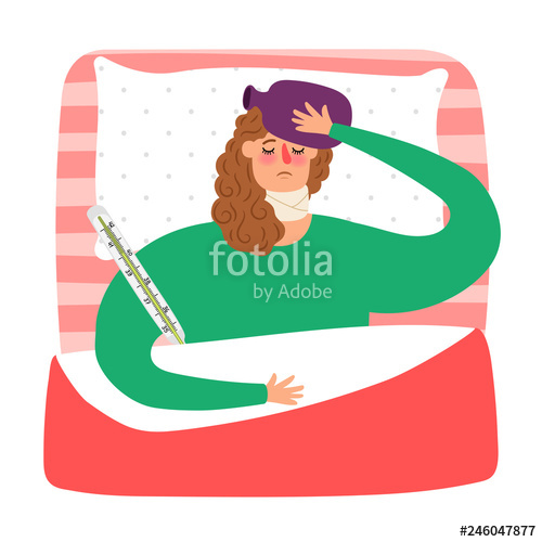 500x500 Cartoon Sick Woman Lying In Bed With Thermometer Vector Person