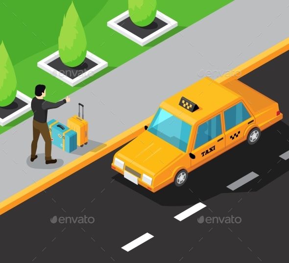 590x538 Taxi Service Isometric Background With Passenger On Sidewalk