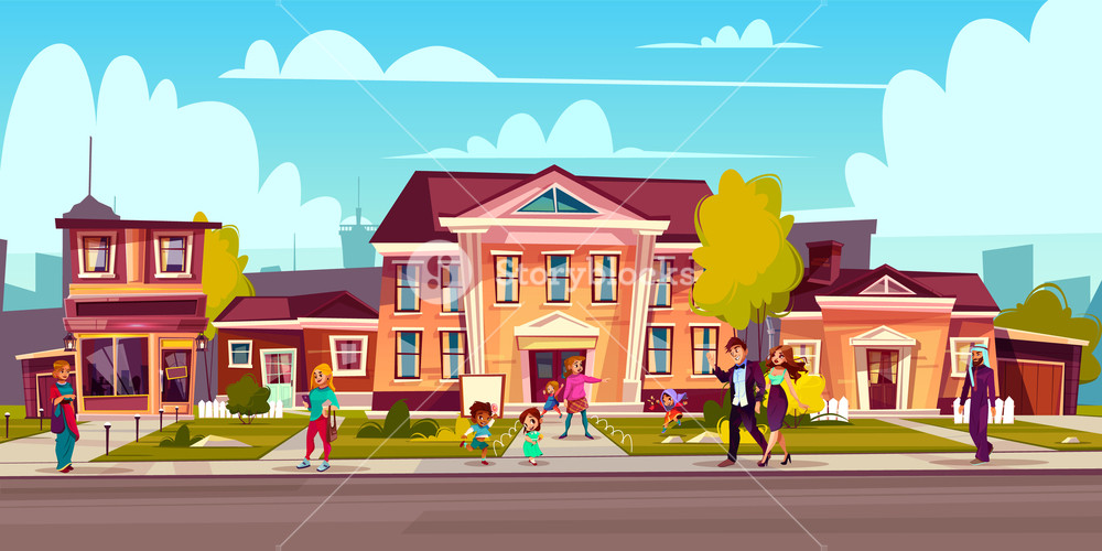1000x500 Vector Cartoon Illustration With Street Sidewalk And People On It