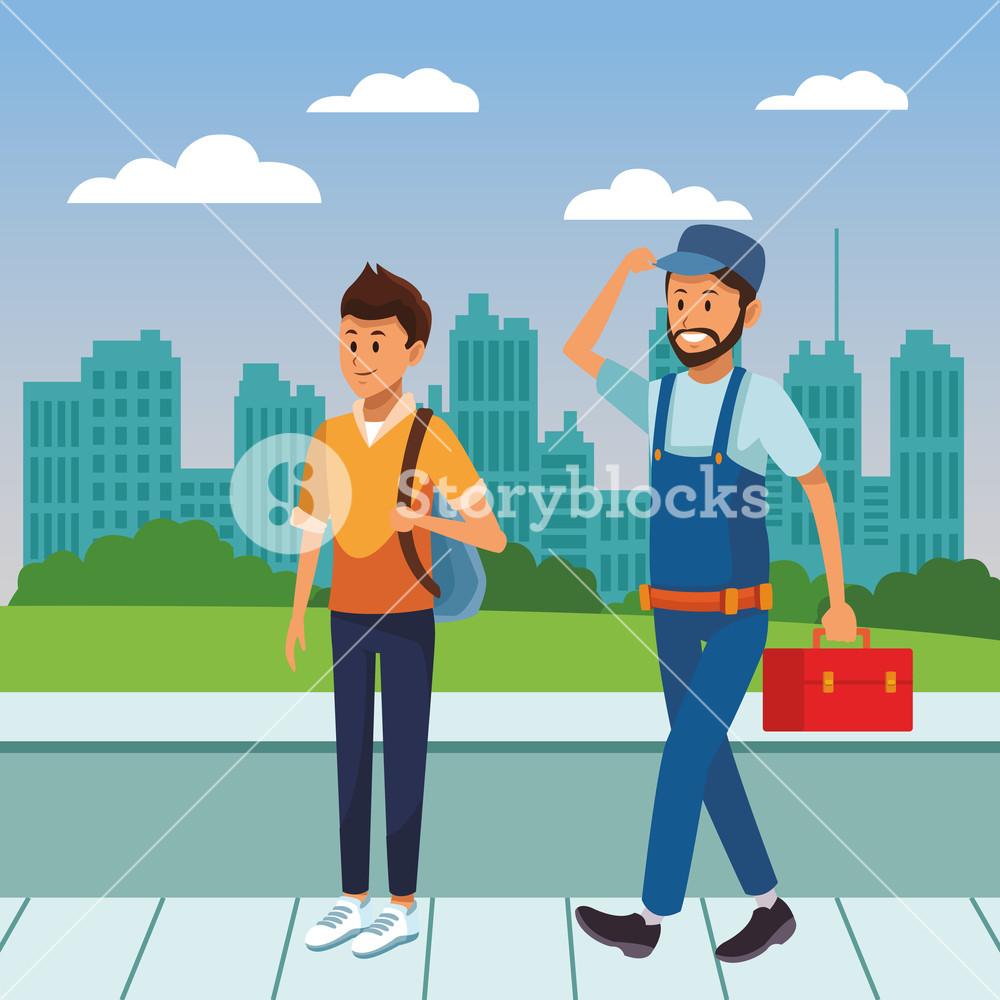 1000x1000 Young City Boy And Plumber On Sidewalk Cartoon Vector Illustration