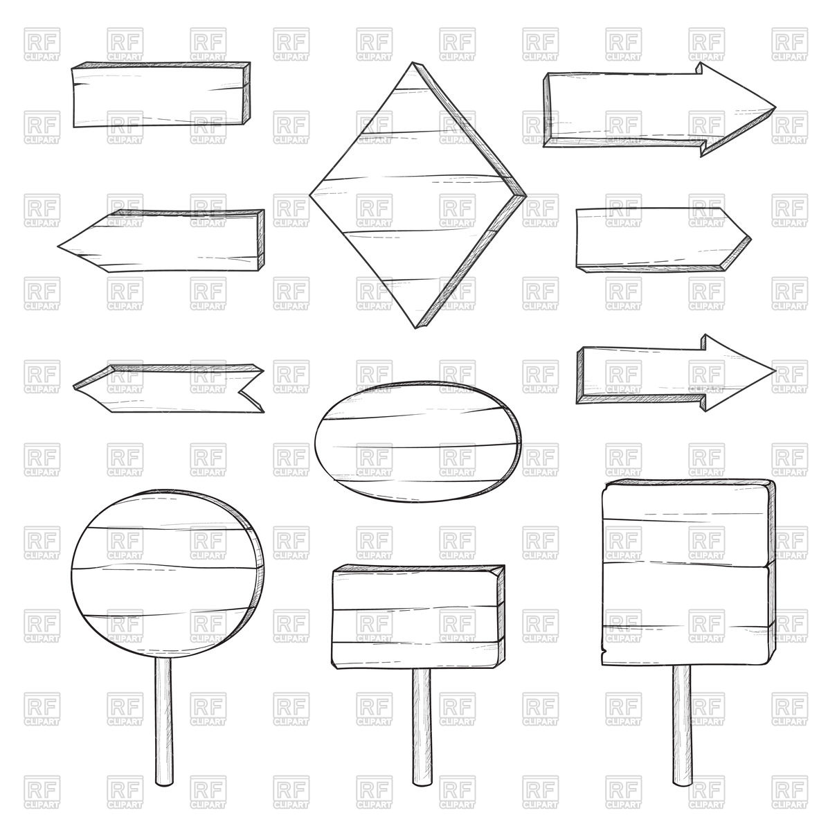 1196x1200 Set Of Stylish Doodle Wooden Signboard Vector Image Of Icons