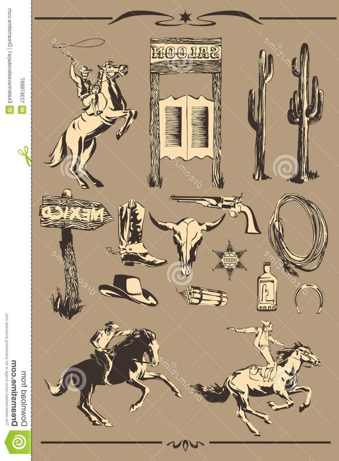 1148x1560 Wild West Vector Set Hand Drawn Illustration Silhouette Cowboy