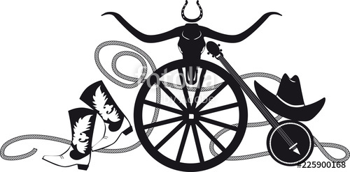 500x247 Country Western Theme Banner With Cowboy Boots And Hat, Banjo