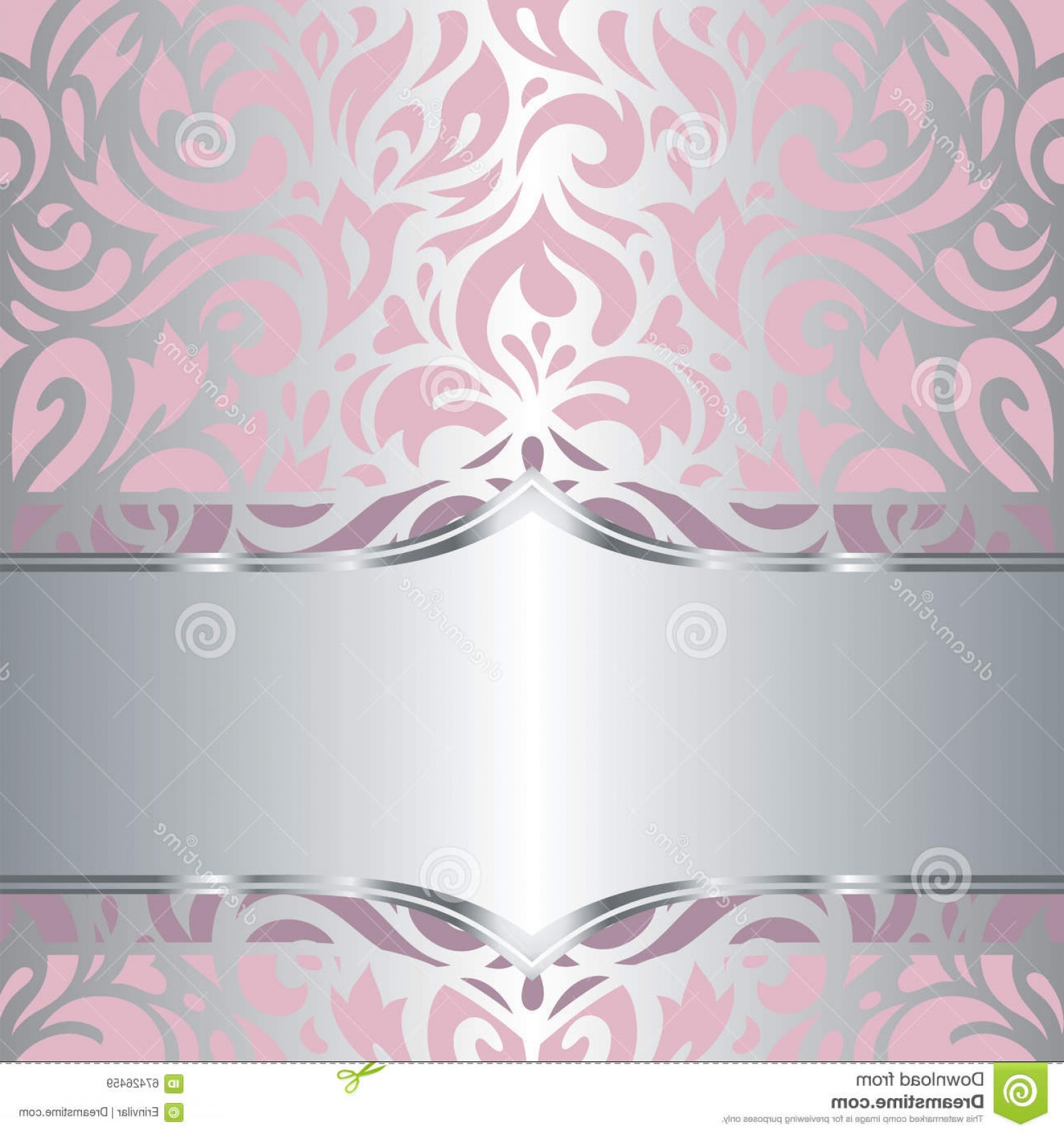 1560x1665 Stock Illustration Floral Pink Silver Invitation Vintage Retro