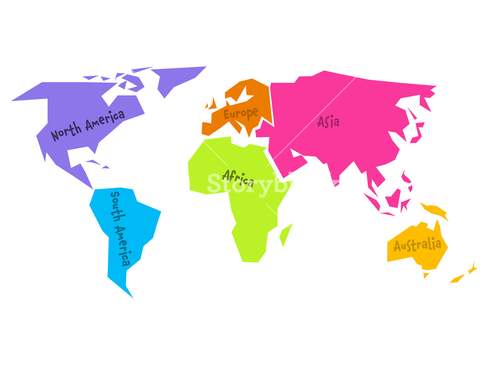 1000x750 Simplified World Map Divided To Six Continents