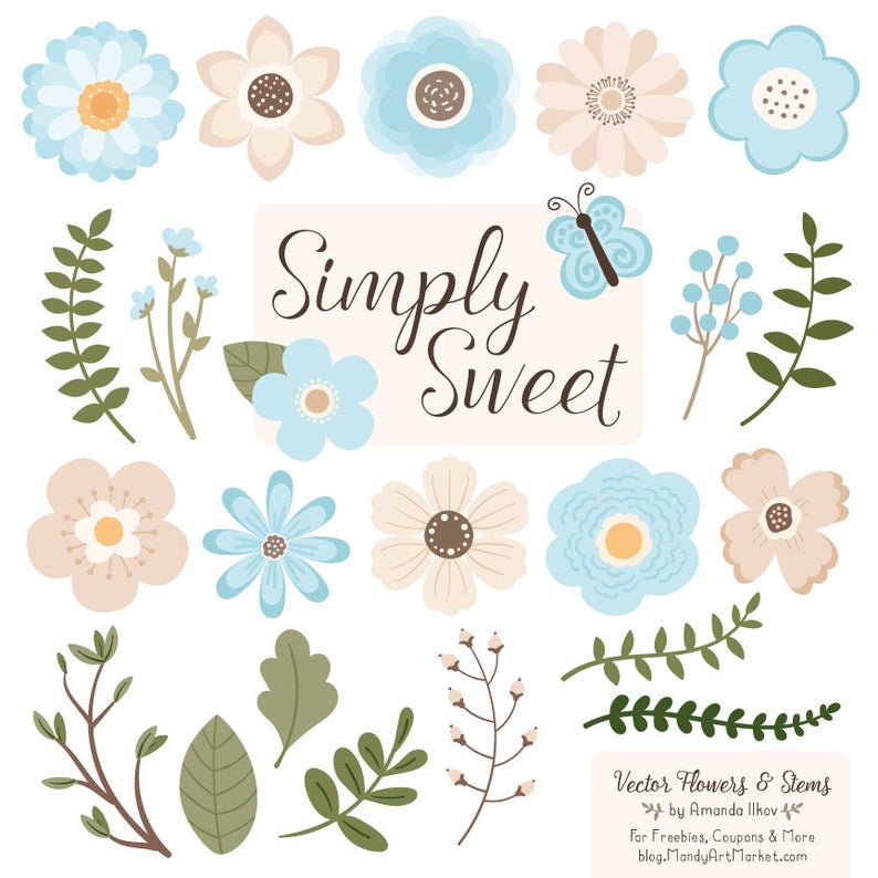 794x794 Cute Flowers Clipart In Soft Blue Soft Blue Vector Flowers Etsy
