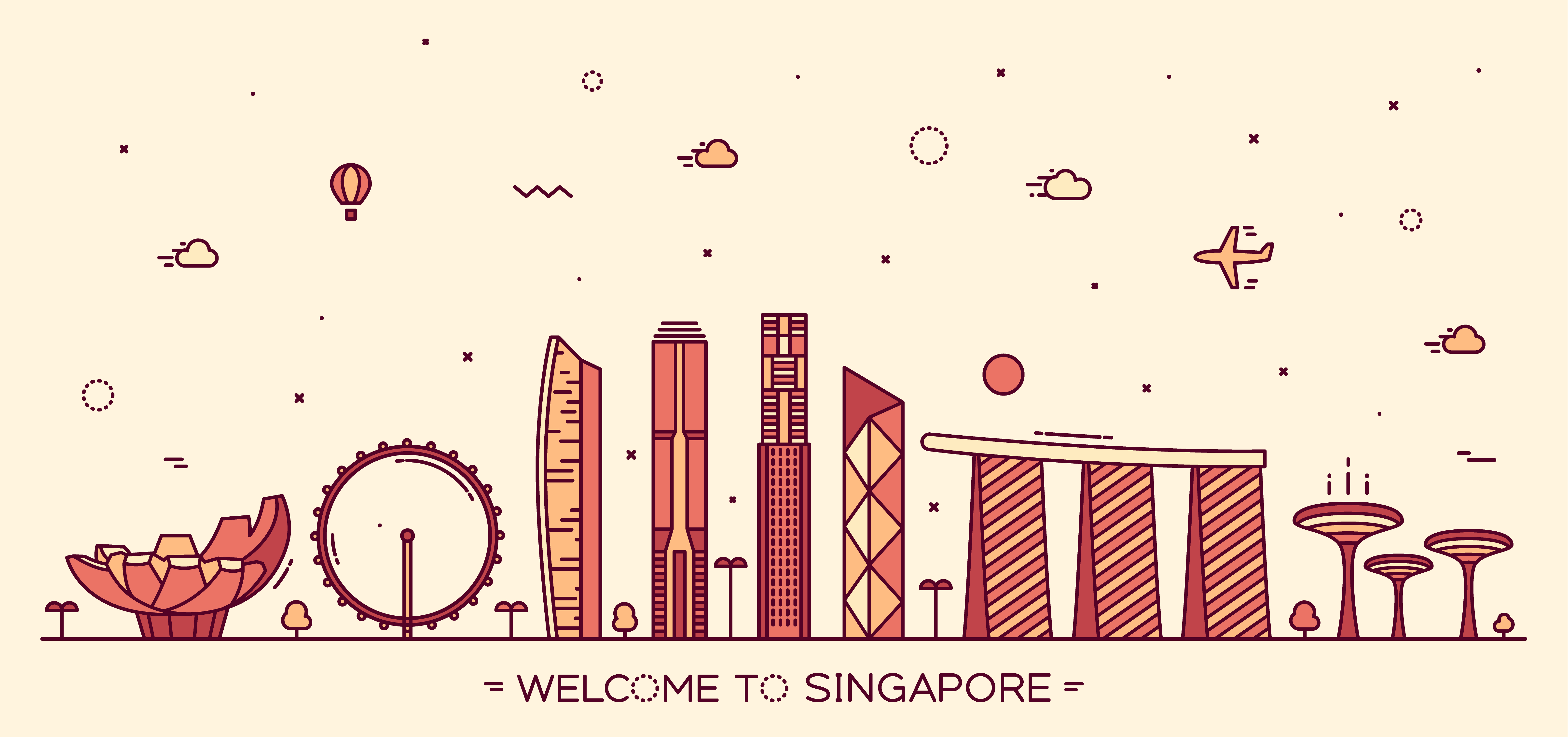 6386x3000 Skyline Singapore Vector Illustration Linear Style