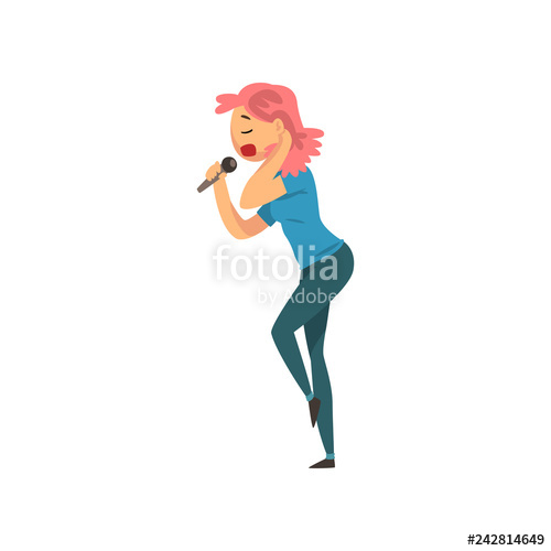 500x500 Girl Singing With Microphone, Pop Singer Vector Illustration