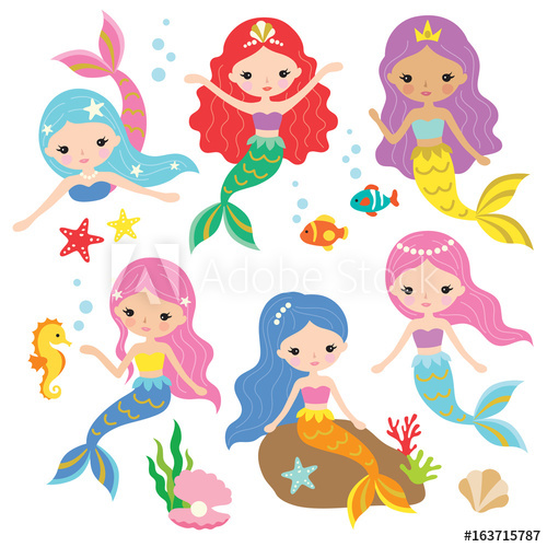 500x500 Vector Illustration Of Cute Mermaid Princess With Colorful Hair