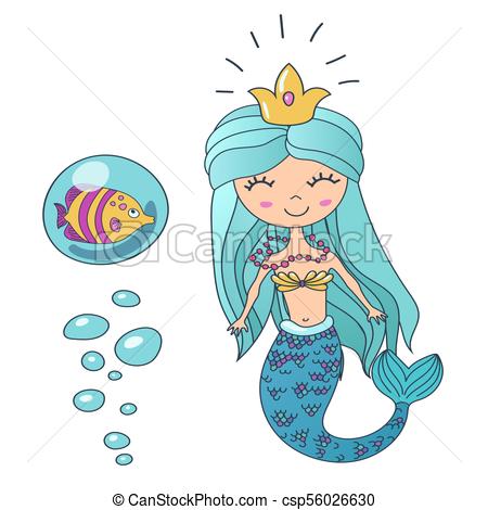 450x470 Hermoso, Lindo, Poco, Illustration Fish Corona, Sirena, Mano