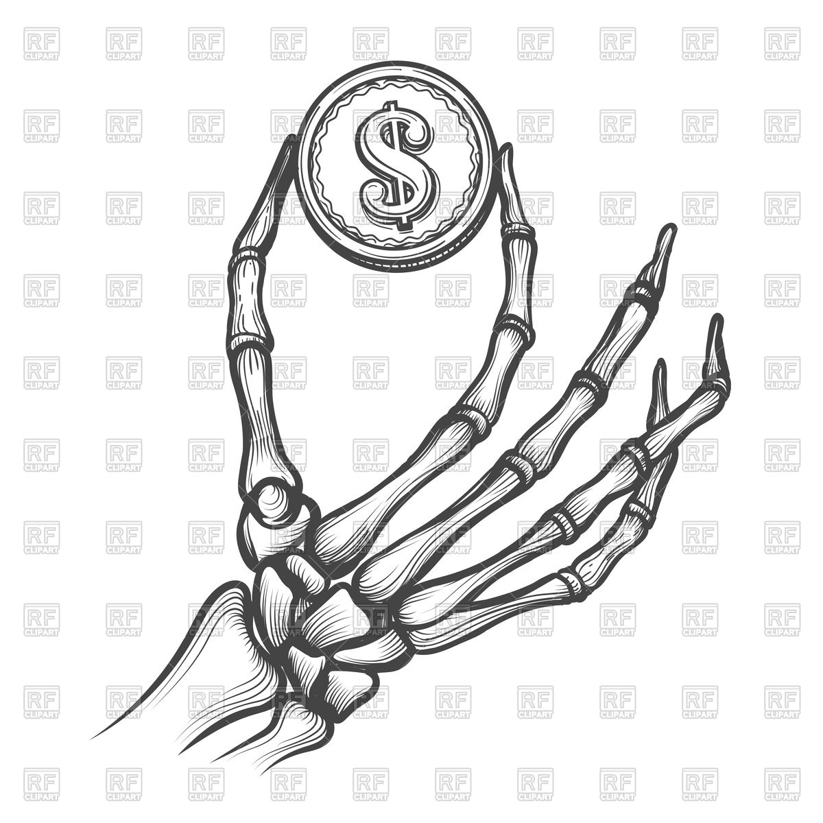 1200x1200 Skeleton Hand With Coin Hand Drawn Vector Image Of Business