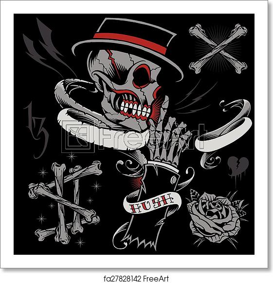 561x581 Free Art Print Of Skull, Skeleton Hand, Bone And Ribbons Skull