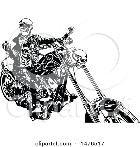 450x470 Clipart Of A Black And White Skeleton Biker Holding Up A Middle