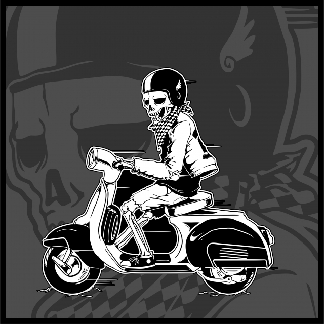 640x640 Skeleton Driving A Vintage Scooter Vector, Skulls, Scooters