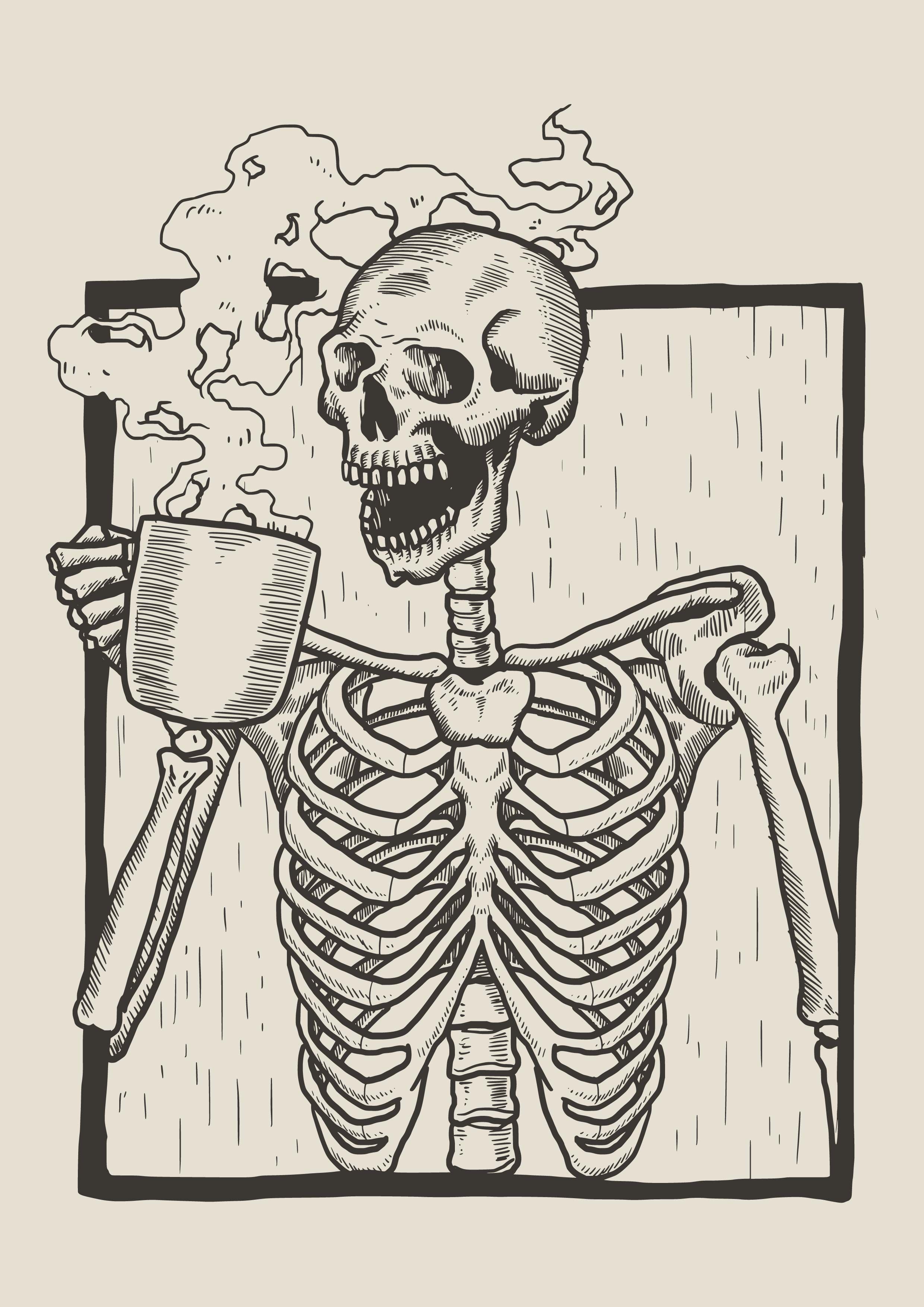 2480x3508 Skeleton Linocut Drink Coffee Art In Skull Art, Skeleton