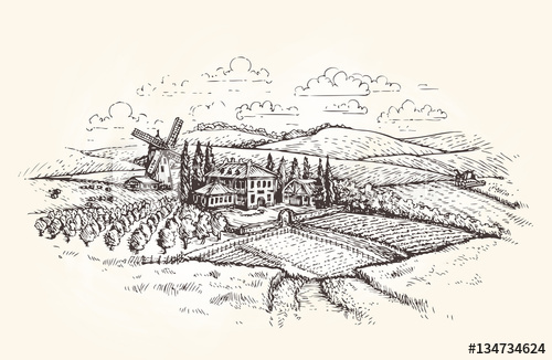 Vintage Landscape Farm, Agriculture Or Wheat Field Sketch Vector 500x326 Vintage Landscape Farm, Agriculture Or Wheat Field Sketch Vector