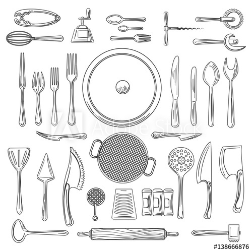 Kitchen Utensils Or Kitchenware Sketch Vector Illustration Hand 500x500 Kitchen Utensils Or Kitchenware Sketch Vector Illustration Hand
