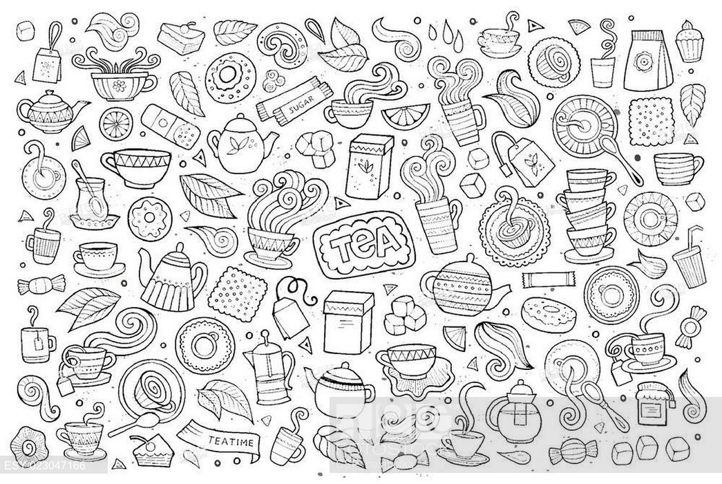 1045x700 Tea Time Doodles Hand Drawn Sketchy Vector Symbols, Stock Photo