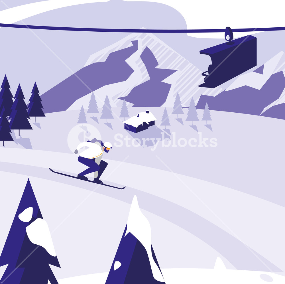 1000x996 Snow Landscape With Man Skiing And Ski Lift, Colorful Design