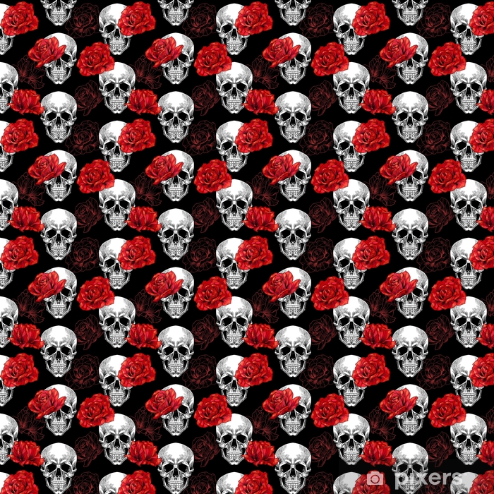 Skull And Red Roses On Black Background Vector Seamless Pattern 700x700 Skull And Red Roses On Black Background Vector Seamless Pattern