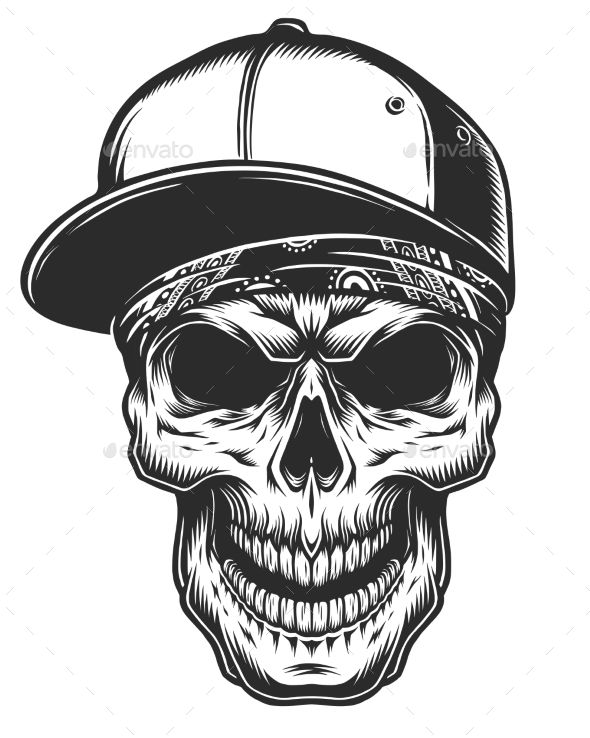 Illustration Of Skull In Bandana And Baseball Cap 590x738 Illustration Of Skull In Bandana And Baseball Cap