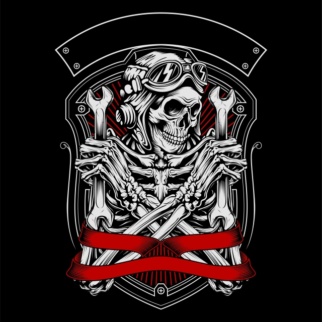 640x640 Skull Wearing A Helmet Holding A Wrench, Skulls, Bikers