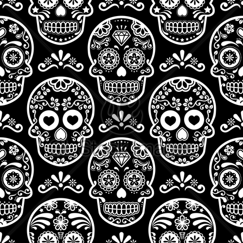 500x500 Mexican Sugar Skull Vector Seamless Pattern On Black, Hal Gl