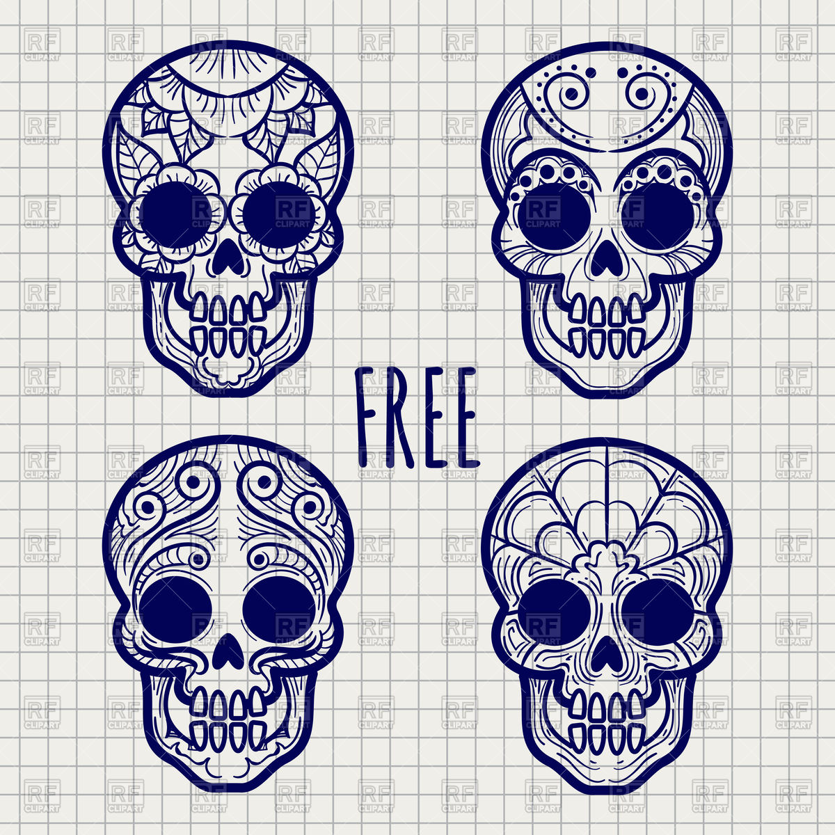1200x1200 Mexican Skulls Set Or Skeleton Heads With Floral Pattern Vector