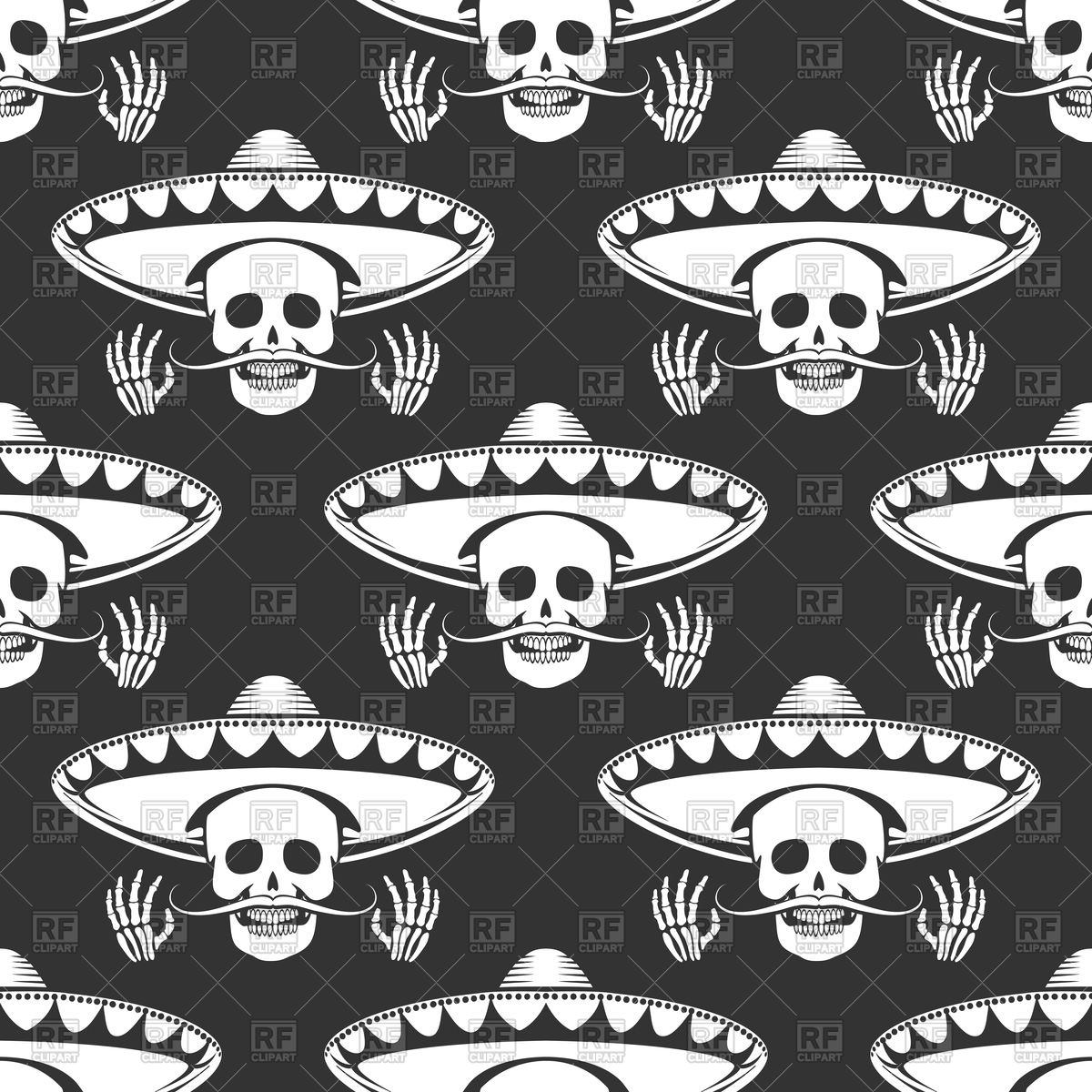 1200x1200 Seamless Pattern With Mustache Human Skull In Sombrero Vector