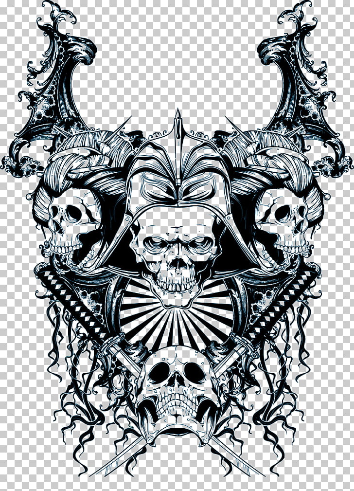 728x1009 Skull Samurai Mask Sticker, Punk Skull Pattern Black Katana