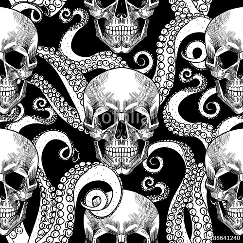 500x500 Skull And Tentacles Of The Octopus Vector Seamless Pattern Stock