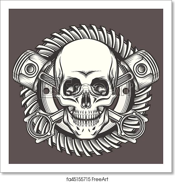 561x581 Free Art Print Of Skull With Pistons Against Motorcycle Gear