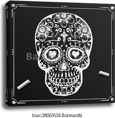 382x390 Chalkboard Day Of The Dead Skull Sketch Draw Sugar Flower Tattoo