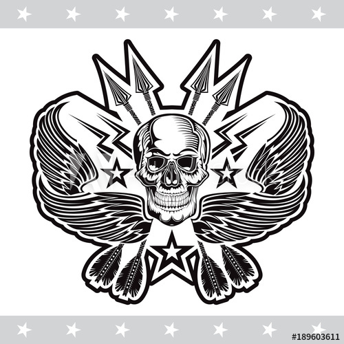 500x500 Front View Skull With Crossed Arrows And Lightning Between Wings