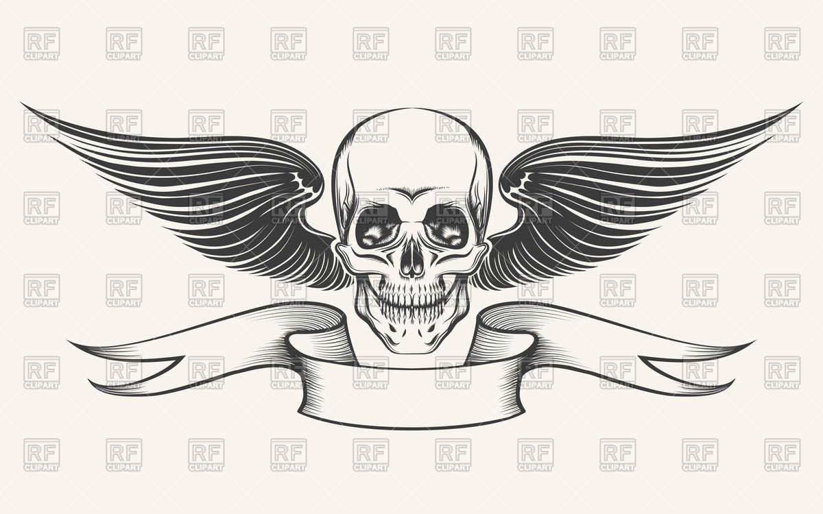 1200x750 Skull With Wings And Ribbon Vector Image Of Design Elements