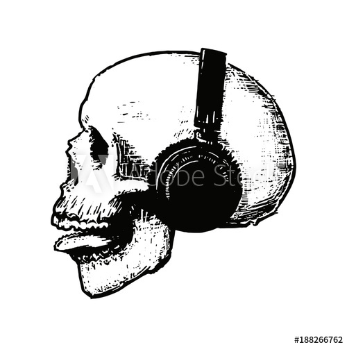 500x500 Monochrome Skull And Headphones Vector Illustration