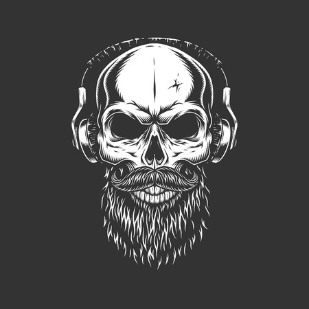 450x450 Vintage Monochrome Skull Wearing Headphones With Beard