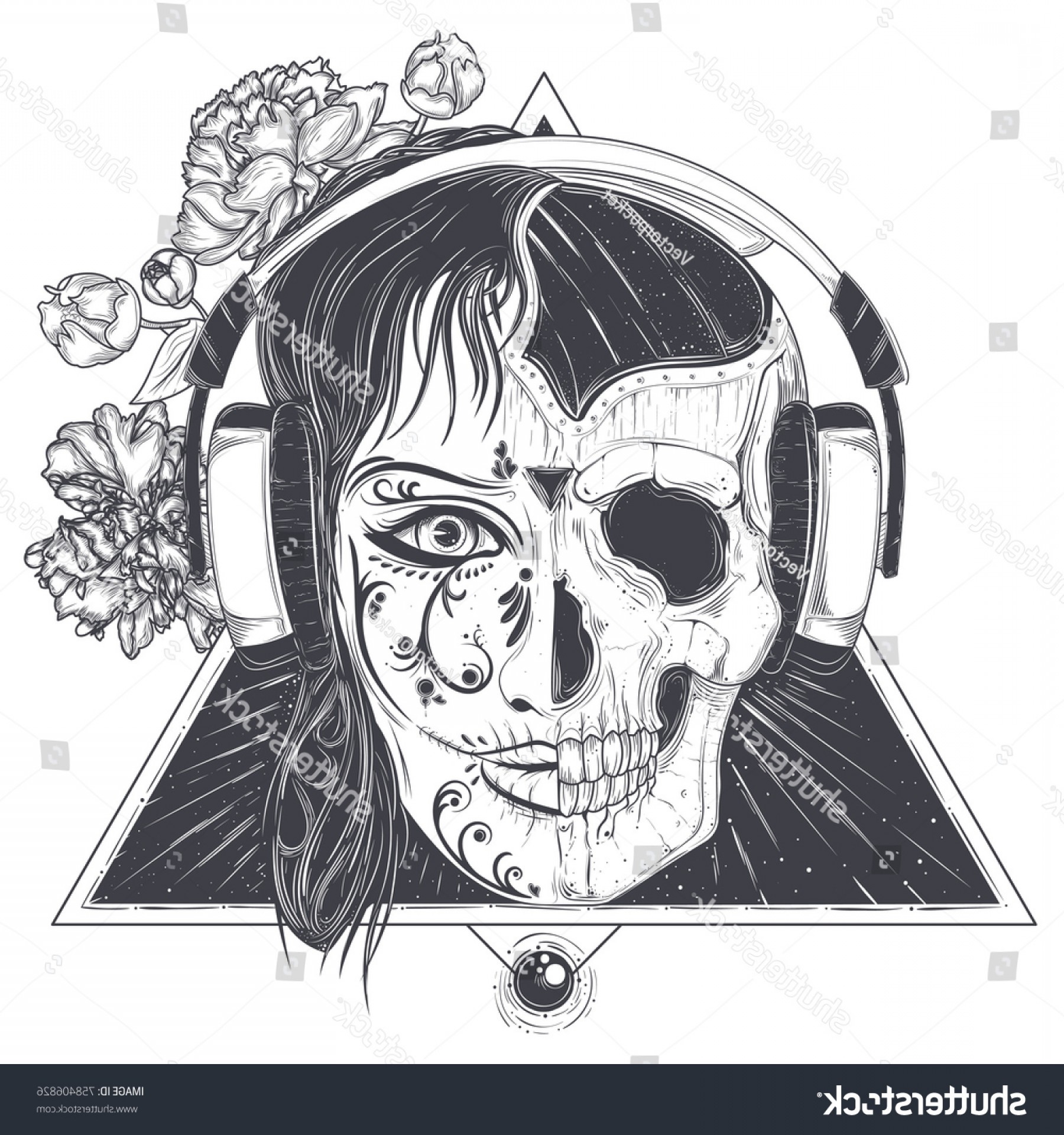 1800x1920 Woman Headphones Half Face Skull Vector Soidergi